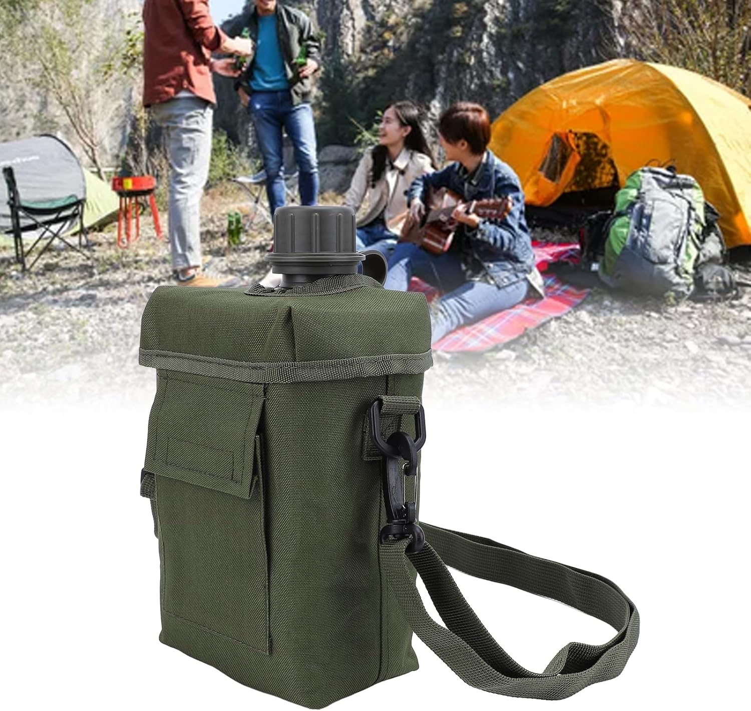Bewinner Outdoor Water Bottle - 2L Portable Water Canteen with Waist Bag, Multi Fuctional PVC Flat Camping Water Bottle for Military Surplus or Bushcraft Gear (OD Green) image number 1