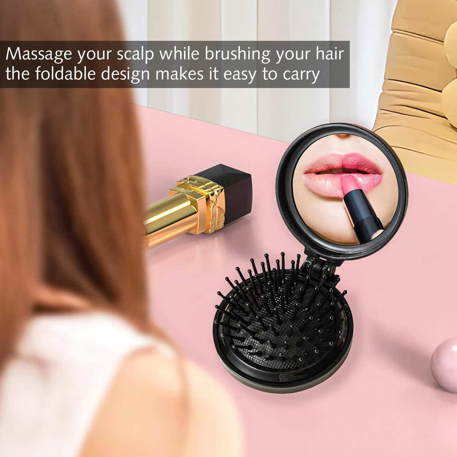 Foldable Hair Brushes with Mirror, Mini round Foldable Hair Brush, Travel Brush, Small Hair Brush, Compact Travel Size Hair Massage Comb for Men, Women and Girls, Pack of 2 image number 4