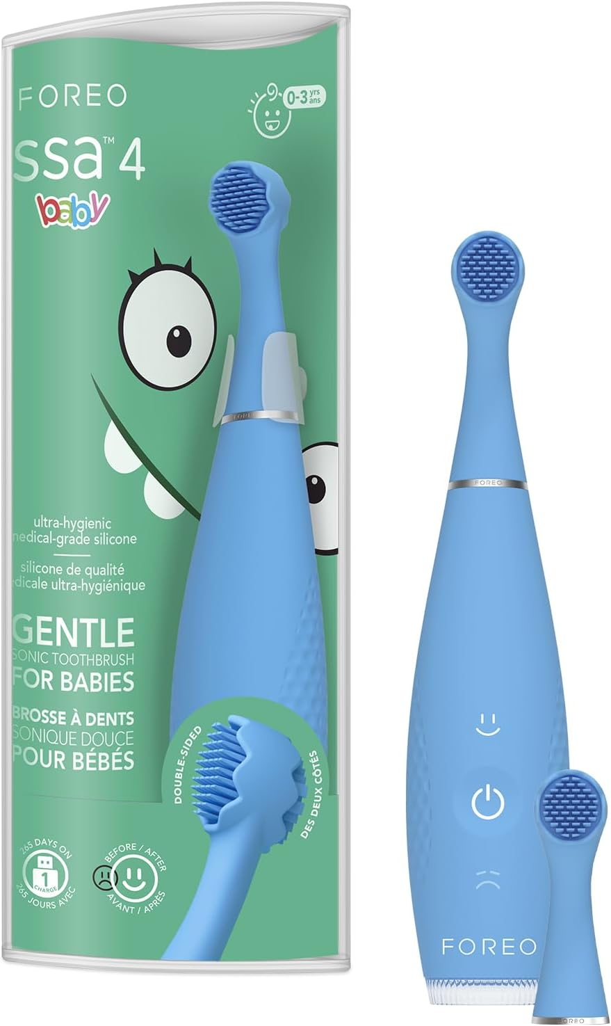 FOREO Issa 4 Baby &ndash; Silicone Sonic Electric Toothbrush Bundle for Babies, 2-Sided Bristles, Fun Smile Feature, Gum Massage, 12 Months of Care with Extra Brush Head, 240 Days Battery, Travel-Friendly - Bubble Blue image number 4