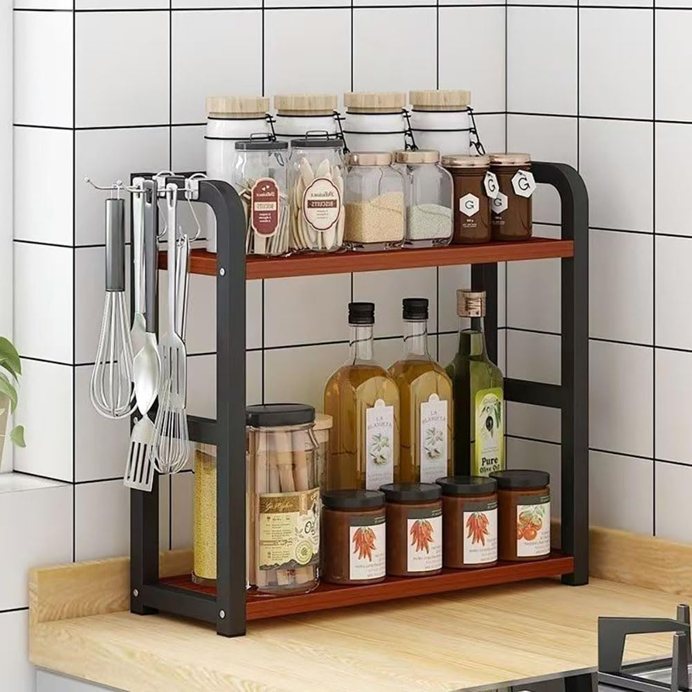 Hbluefat Countertop Shelf Organizer, 2 Tier Kitchen Spice Rack, Dresser Tabletop Perfume Cosmetics Display Shelf, Wood Desktop Shelf Storage for Home Office (Teak+Black) image number 6