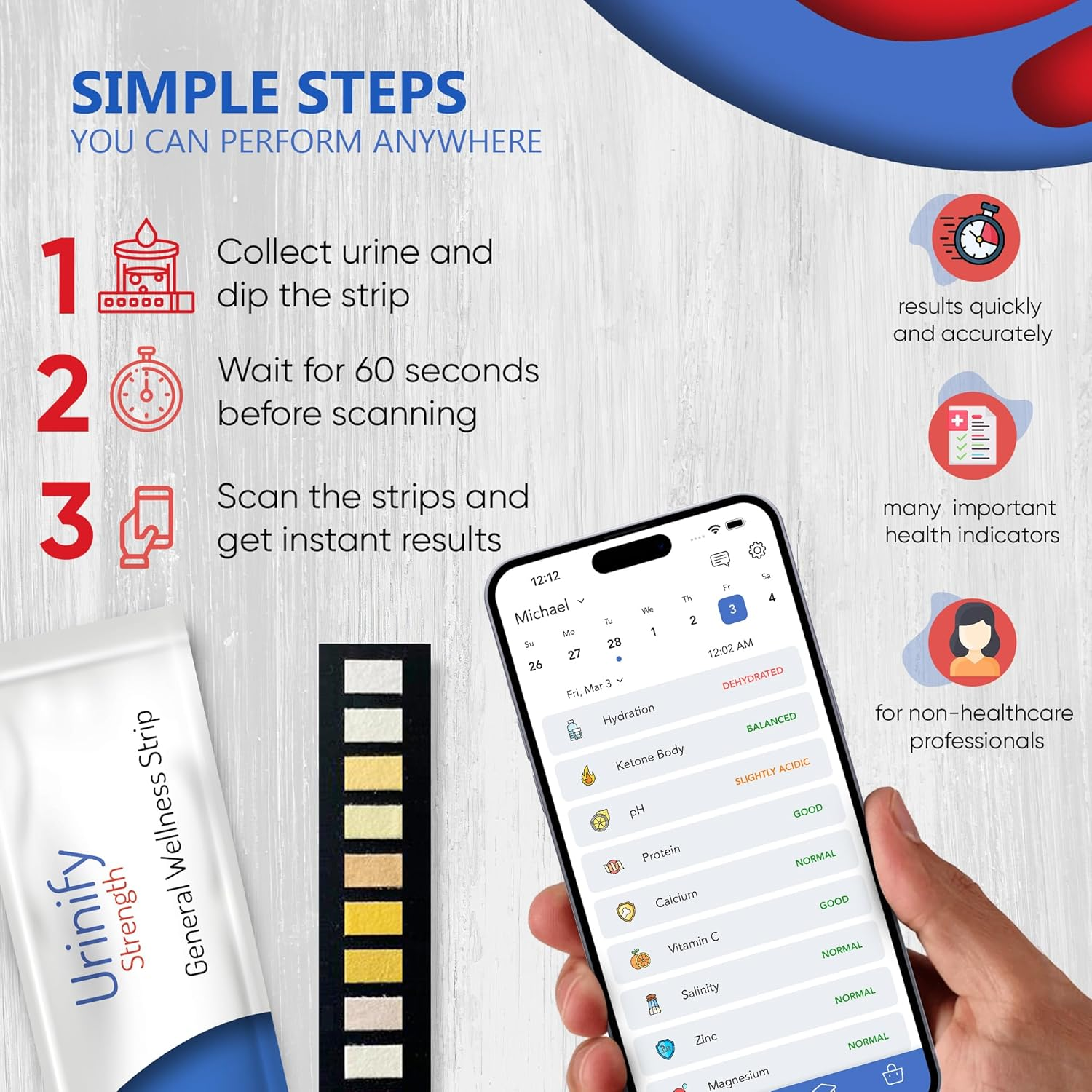 [URINIFY Strength] Urine Test Strips and Mobile App for Keto Strips Urine Test, Hydration Test, Metabolism Test, Electrolytes, Ph, Vitamin C, Urinalysis Test Strips, 6 Strips image number 1
