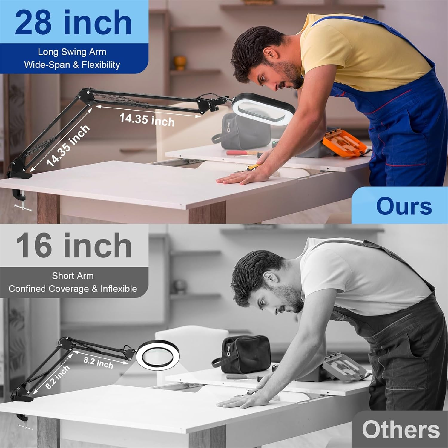 10X Rectangle Magnifying Glass with Light and Clamp, 5 Color Modes Stepless Dimmable, Lighted Magnifier with Stand Hands Free, Flexible Swing Arm LED Desk Lamp for Reading Painting Close Work image number 2