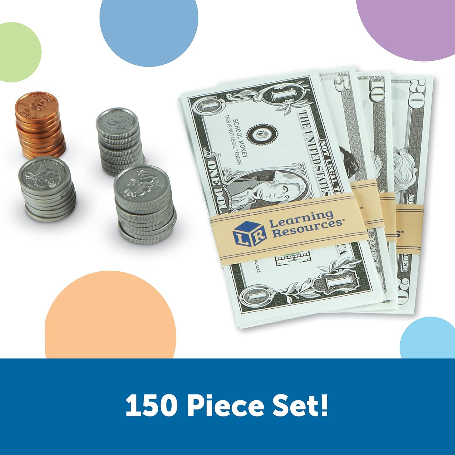 Learning Resources Pretend & Play - Play Money for Kids, Counting, Develops Early Math Skills, Currency, Coins and Bills for Kids, 150 Pieces, Ages 3+ Multicolor LER2725 image number 4