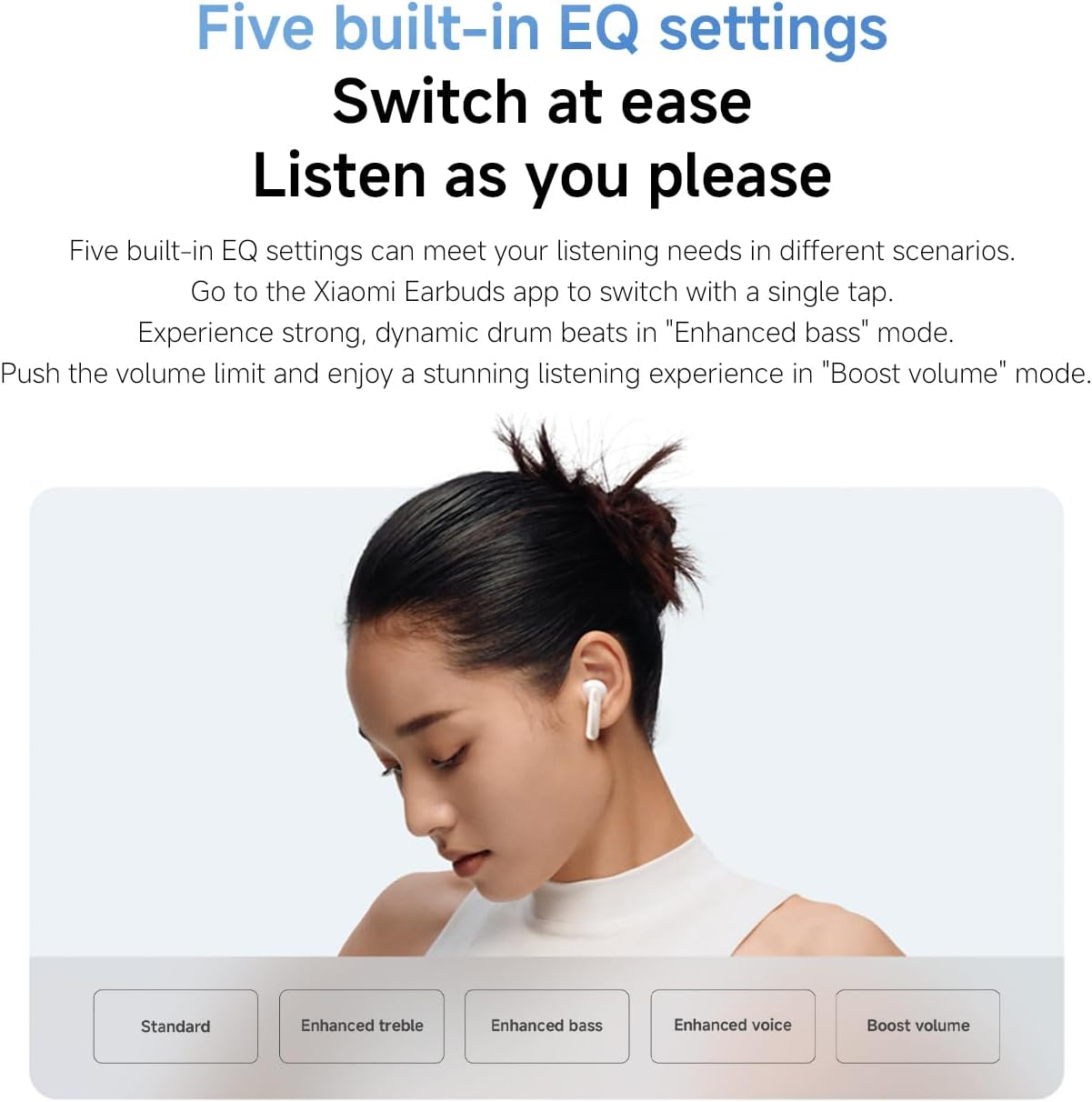 Xiaomi Redmi Buds 6 Active &ndash; Wireless Bluetooth Headphone Semi-In-Ear, Large 14.2Mm Driver, Dual-Mic Noise Reduction, up to 6H+30H Battery Life, Five Built-In Eq,Google Fast Pair, IPX4, White - Black image number 6