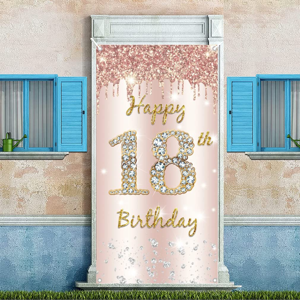 18Th Birthday Decorations for Girls, Happy 18Th Birthda Y Backdrop Banner Rosegold Fabric Sign Poster, Girl 18 Birth Day Door Banner Party Welcome Sign