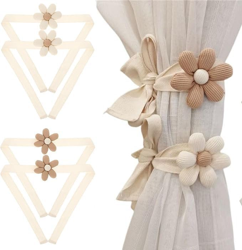 Shengsenfu 4 Pcs Boho Flower Curtain Tiebacks, Daisy Curtain Hook Set, Cute Sunflower Curtain Holders, Decorative Rope for Bedroom Draperies Decor, Cotton Holdbacks for Indoor & Outdoor Drapes Decor image number 5