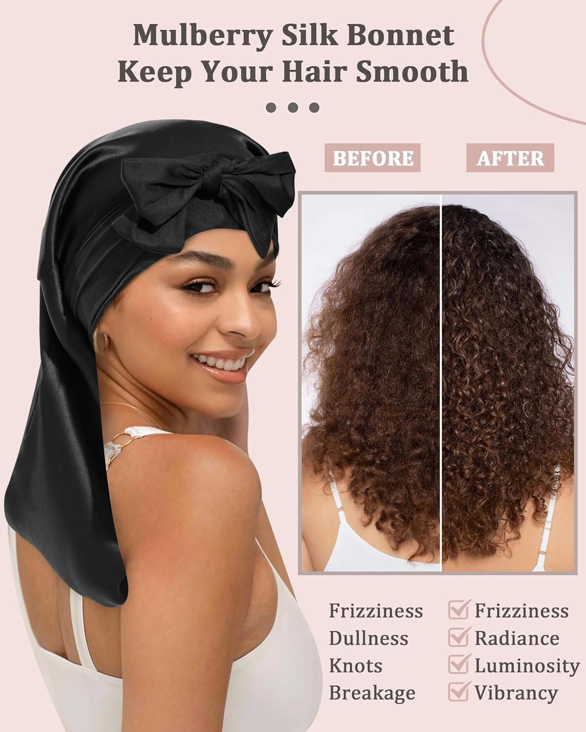 AWAYTR 100% Mulberry Silk Bonnet - Long Hair Cap for Sleeping Tie Band Bonnet for Braids Curly Hair - Brown image number 6