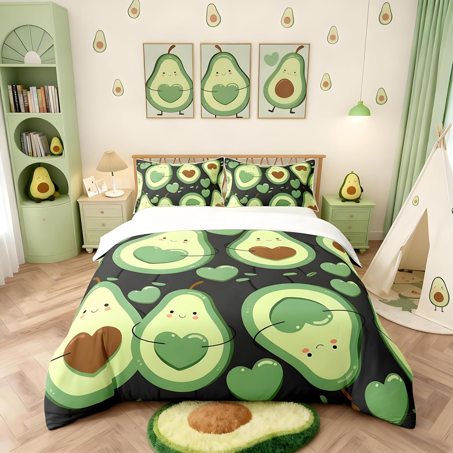 Homemissing Cartoon Avocado Duvet Cover Set, Sweet Tropical Fruits Bedding Set, 135 X 200 Cm, Couples Bed Set for Boys, Girls, Children, Teenagers, Love, Bedroom Decor, Green with 1 Pillowcase image number 4