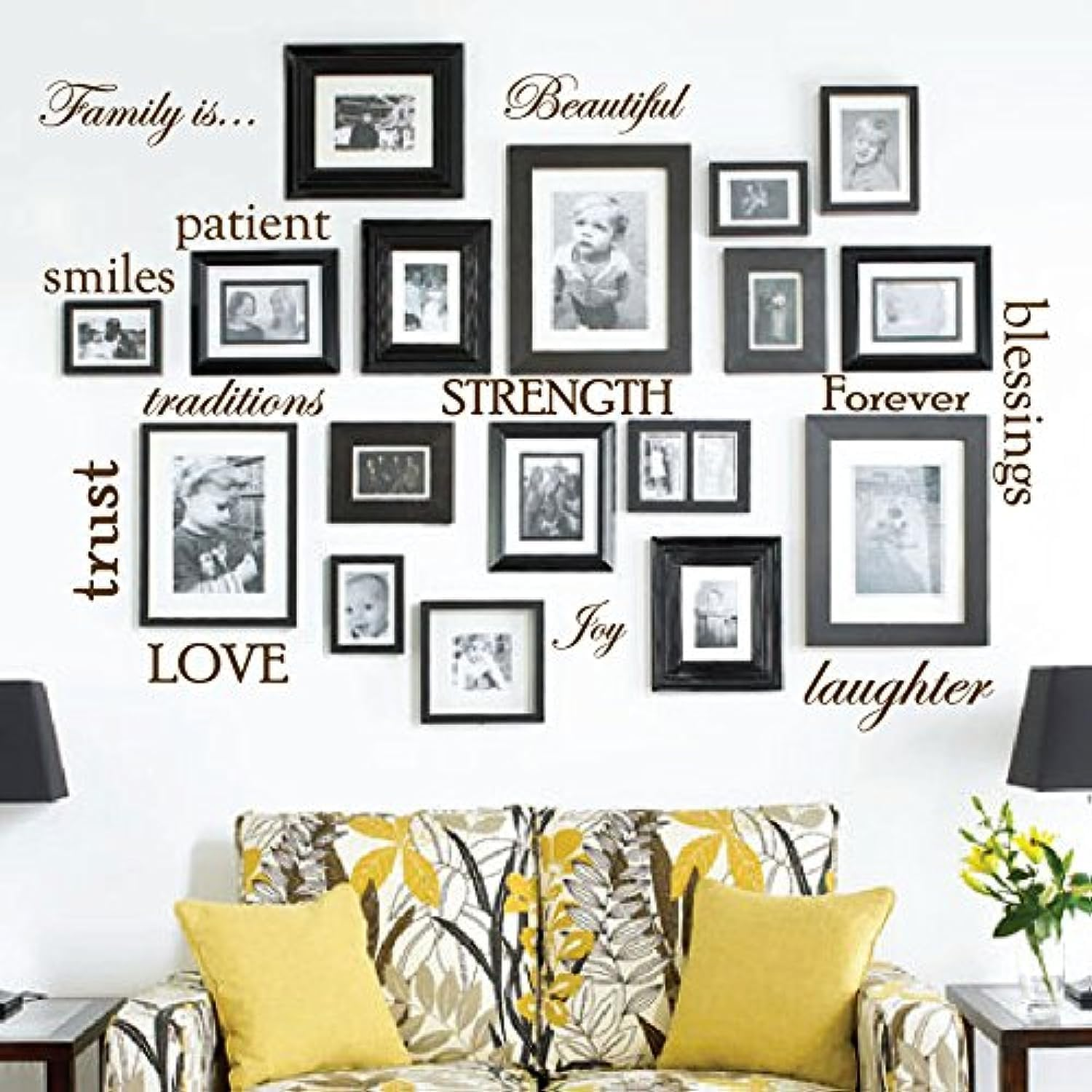 Set of 12 Family Quote Words Vinyl Wall Sticker Picture Frame Wall Family Room Art Decoration #1332 (Matte Black)