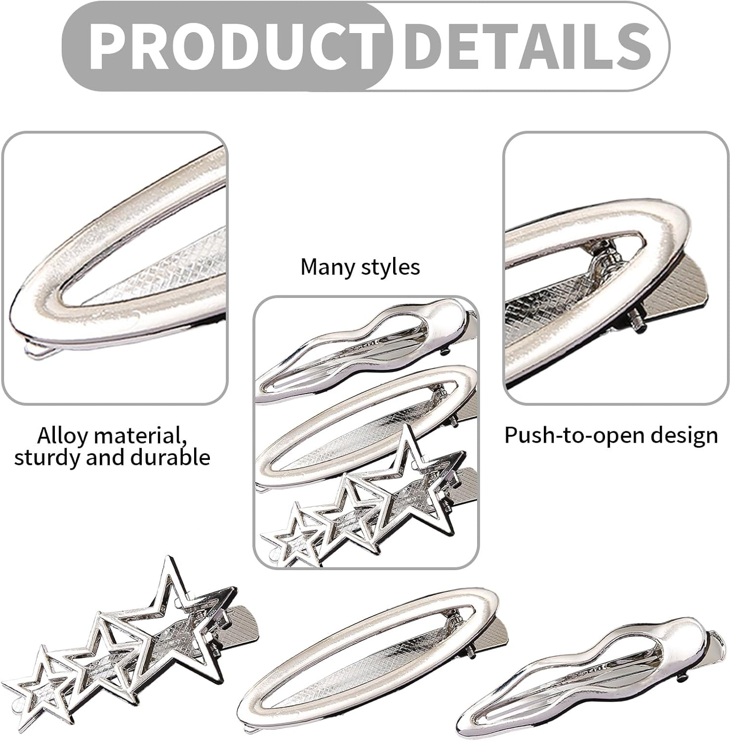 YCHYAN Pack of 6 Silver Hair Clips, Various Silver Metal Hair Clips, Y2K, Women'S Silver Snap Hair Clips, Suitable for Daily Wear, Party Dress Up, Secure the Hair image number 6
