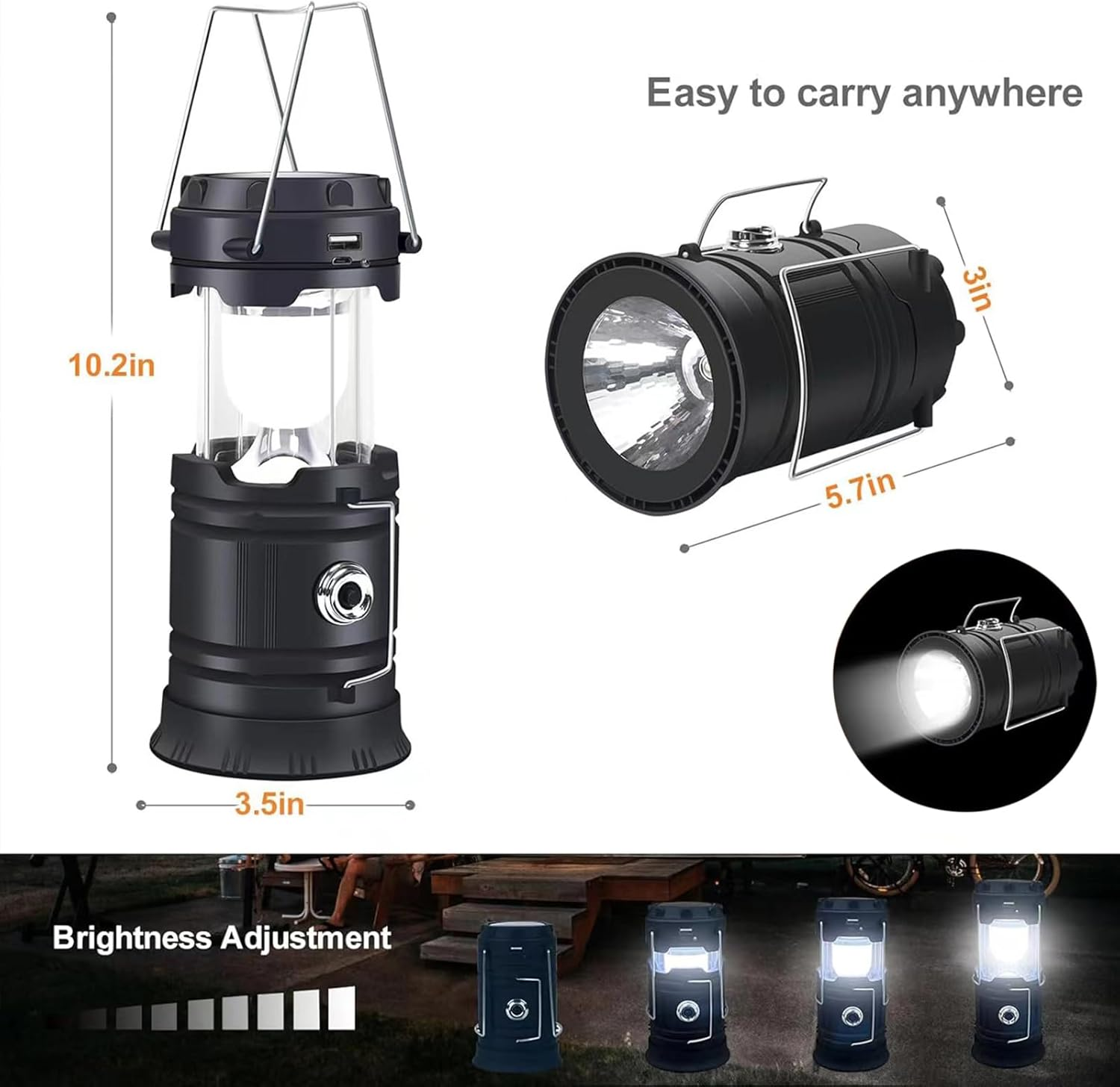 Collapsible Portable Solar Camping Lantern, USB Rechargeable LED Flashlight Survival Kits for Wild Camping Home Emergency Light Power Outages Hiking Hurricane (1 Pack) image number 5
