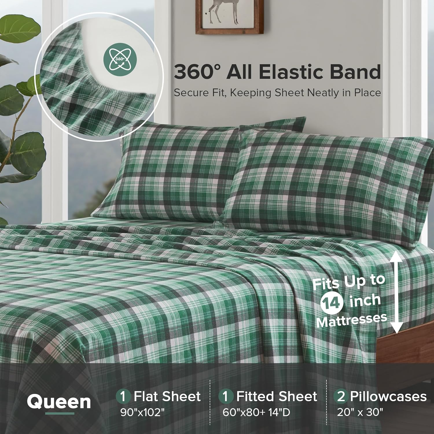 Woolrich Flannel 100% Cotton Sheet Set Warm Soft Bed Sheets with 14" Elastic Pocket, Cabin Lifestyle, Cold Season Cozy Bedding Set, Matching Pillow Case, Queen, Green Plaid, 4 Piece image number 4