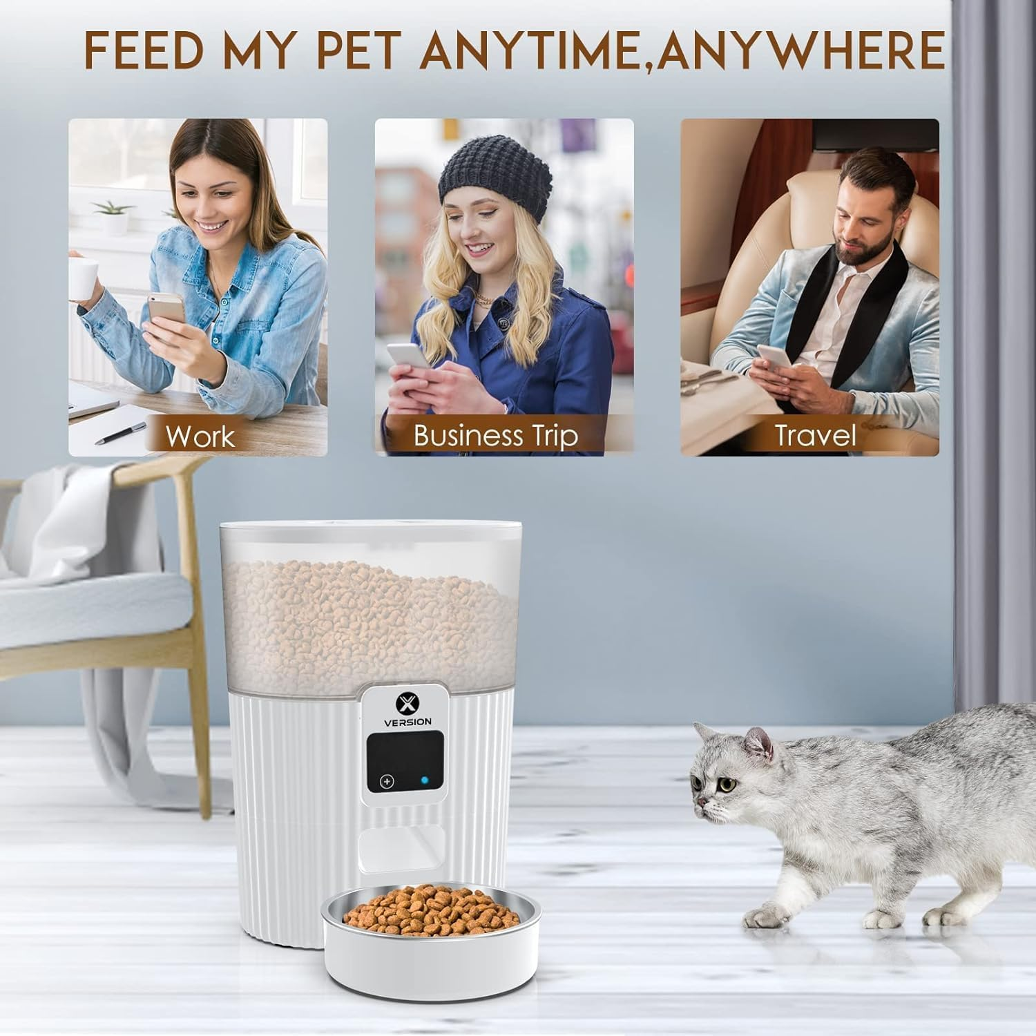 Xversion Automatic Cat Feeders with APP: Wifi Pet Food Dispenser for Cat & Small Dog, Smart Timed Auto Pet Feeder, Portion Control- Battery and Plug-In Power up to 10 Meals per Day (15 Cup) - White image number 5