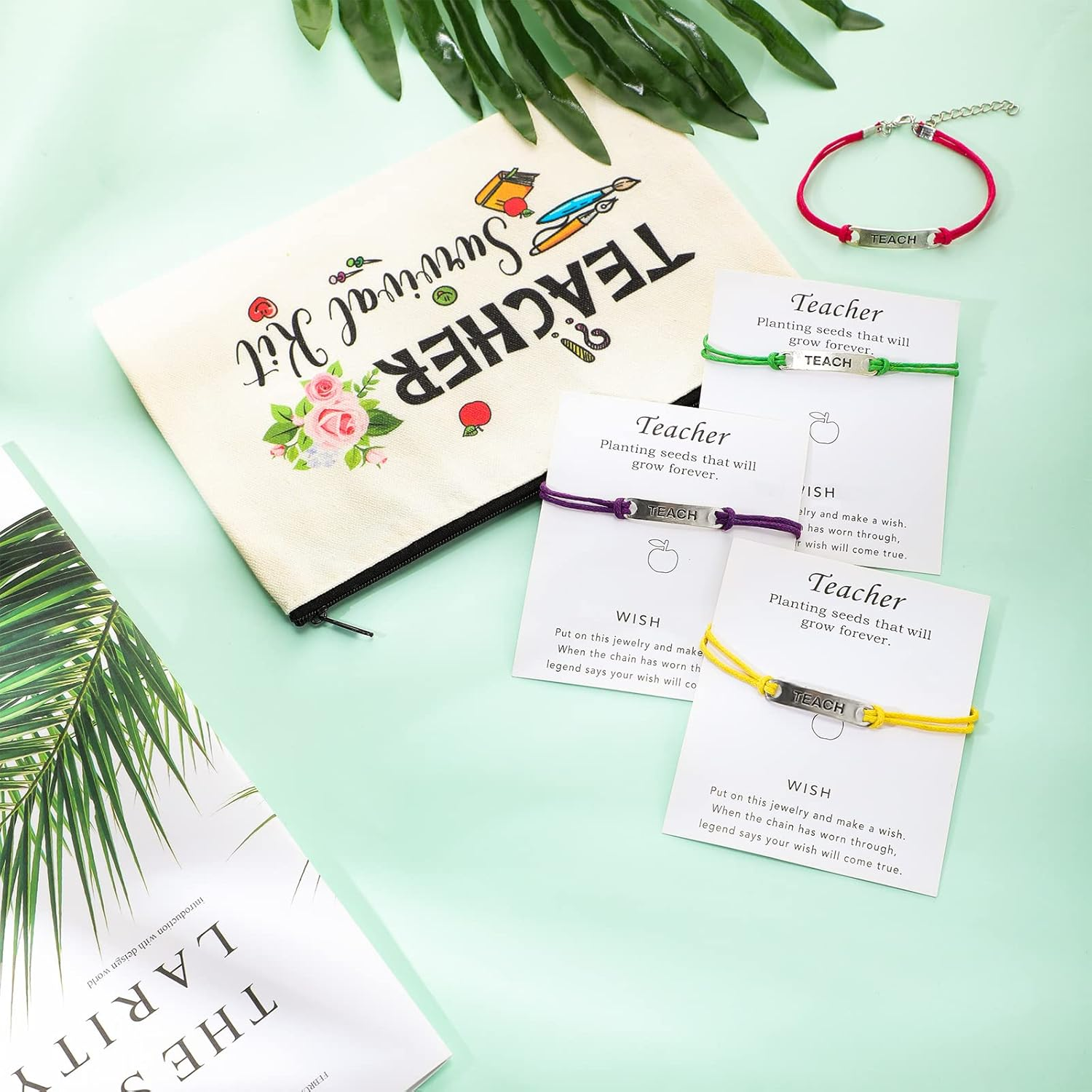 Weewooday 12 Pcs Teacher Appreciation Present Set 6 Teacher Survival Kit Bag Makeup Pouch Pencil Bag, 6 Blessing Card Bracelet Kit(9 X 5.9 Inch,Cute Style) image number 2