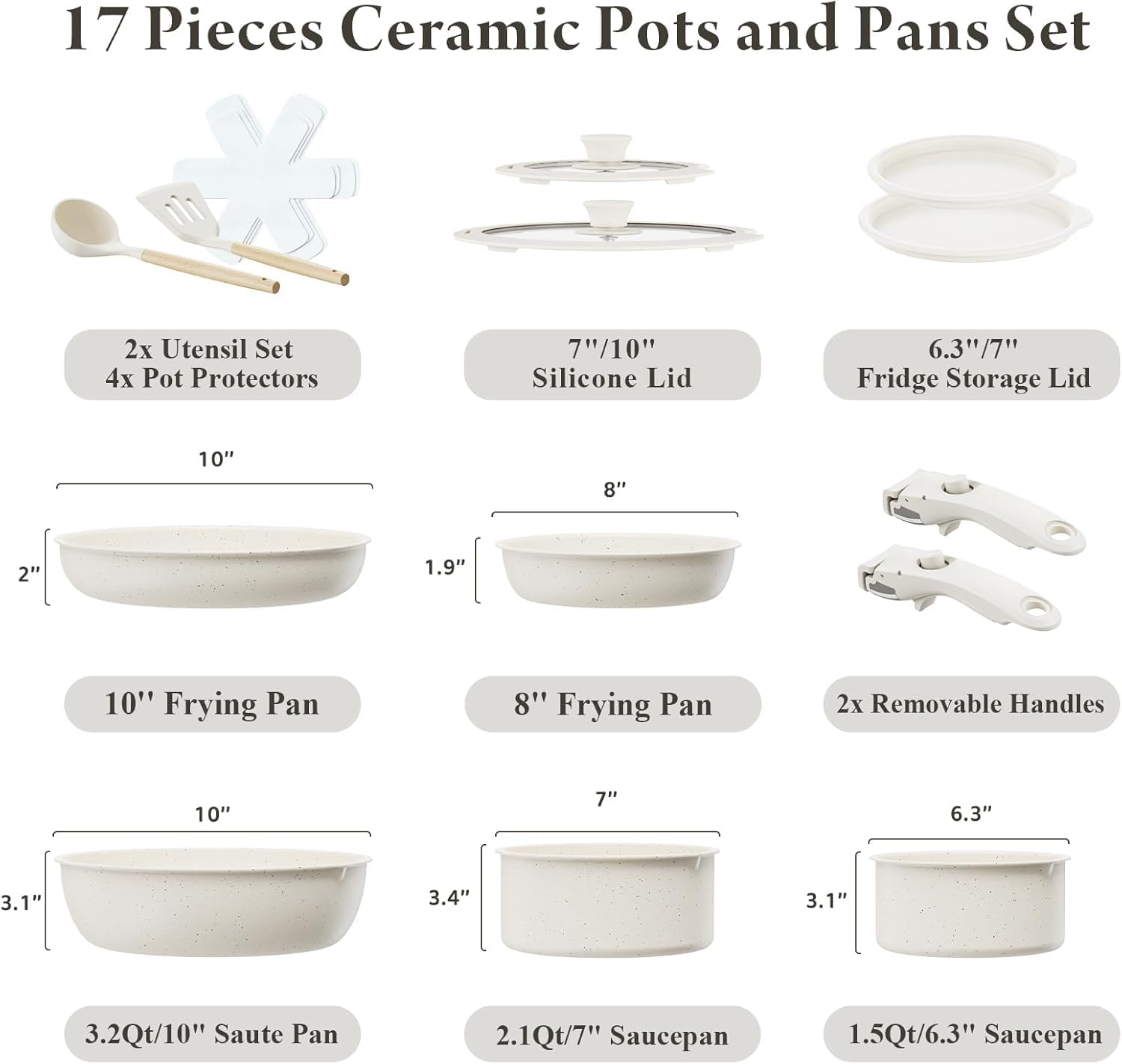 Nonstick Cookware Set, 17Pcs Pots and Pans Set Removable Handles, Induction RV Kitchen Set, Stain & Scratch-Resistant, Dishwasher/Oven Safe, PFAS/PFOA Free, Cream White