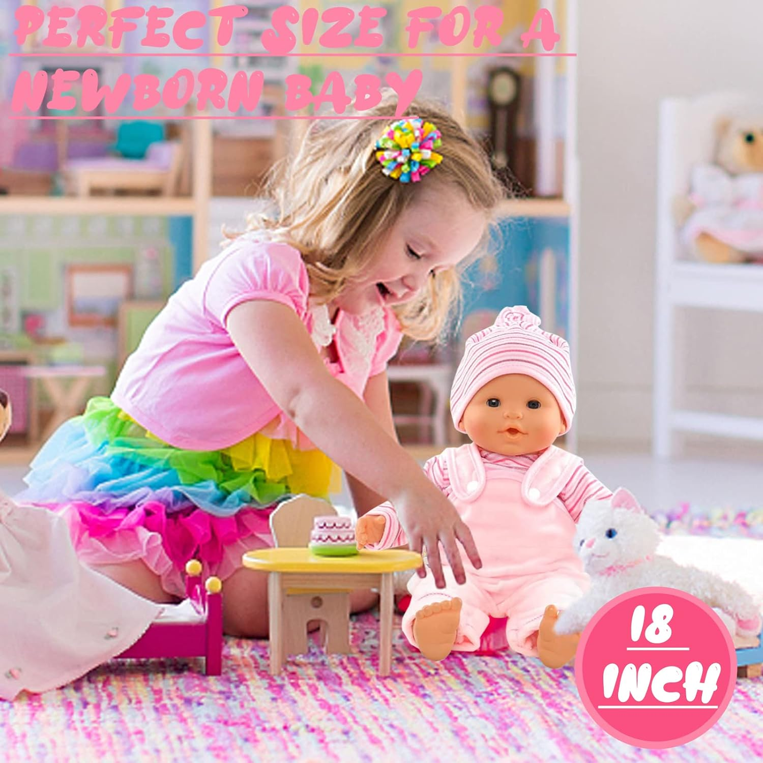 Doll Clothes for 18 Inch Baby Dolls, Sweet Outfits Jumpsuit Top Hat and Socks for 35-45 Cm New Born Baby Dolls Girls Birthday (Pink)(No Doll) image number 3