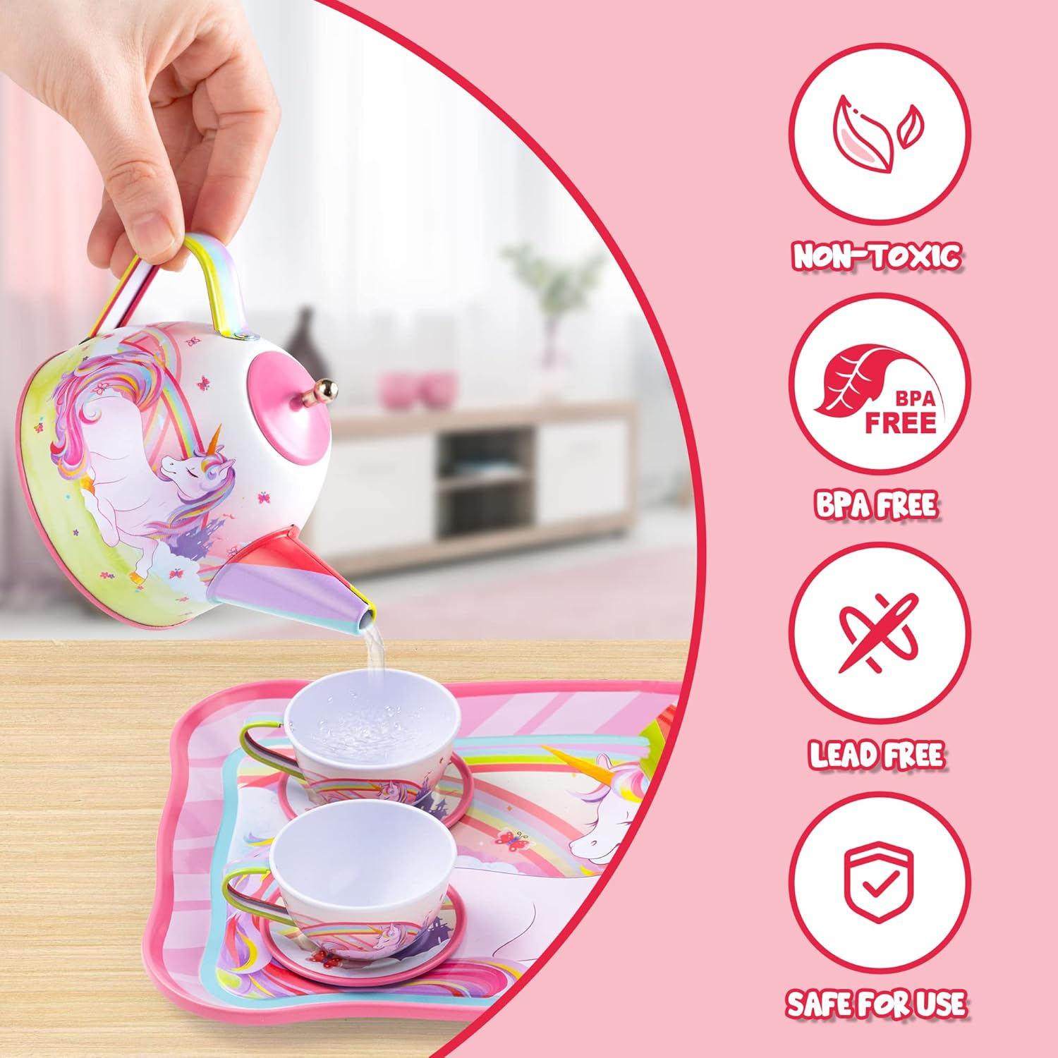 JOYIN Unicorn Castle Pretend Tin Teapot Set for Tea Party and Kids Kitchen Pretend Play image number 1