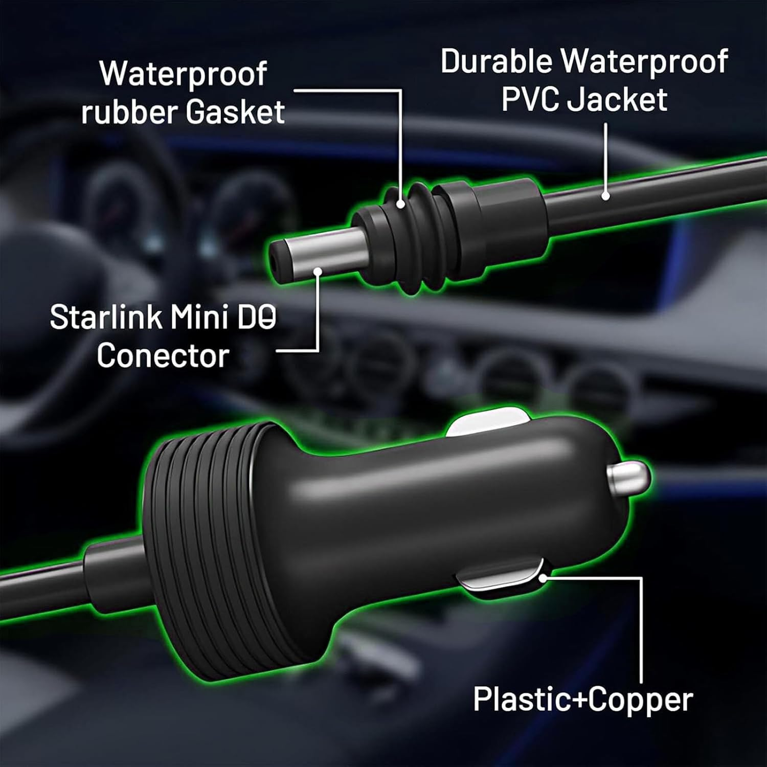 ​Lyvixora Starlink Mini Car Charger Cable 3M/10FT, Direct 12V-48V DC Power Cord for Starlink Mini DC Male to Cigarette Lighter Socket, Waterproof Vehicle Power Adapter for Trucks/Boats/Camping​ image number 2