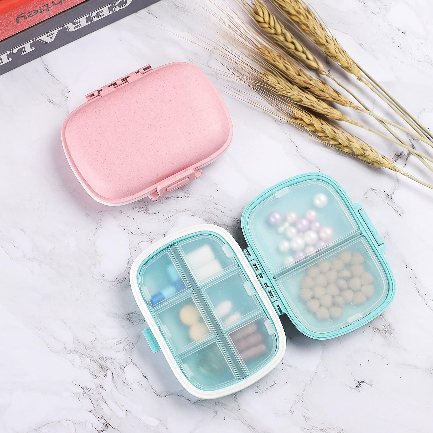 2 PCS Travel Pill Organizer, 8 Compartments Portable Pill Box Small Daily Pill Case Medicine Vitamin Container for Pocket Purse (Blue) image number 3