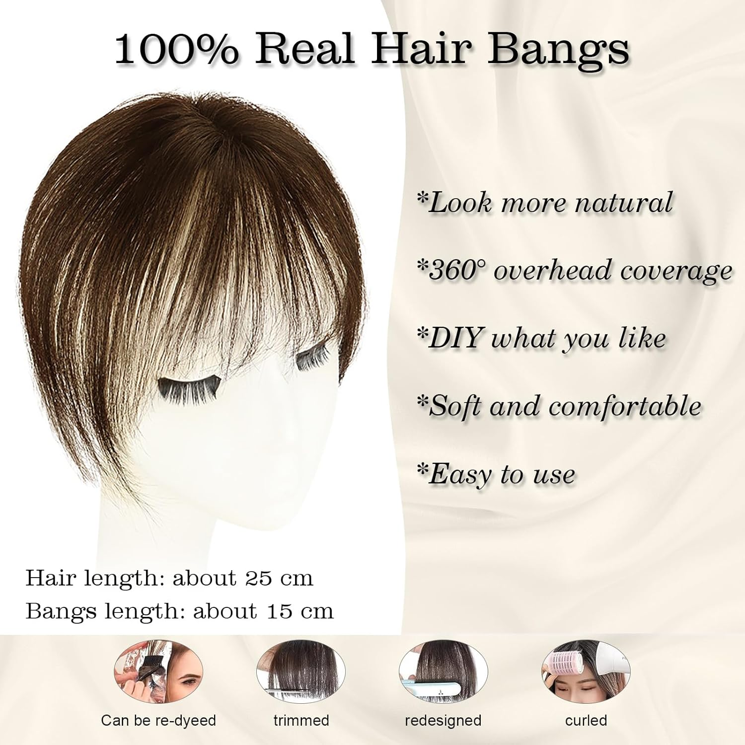 Clip-In Fringe Real Hair Piece with Clip, 360&deg; Coverage, Bangs Clip In, Hair Pieces for Thin Hair, Real Hair Fringe for Women, Mocha Brown image number 4