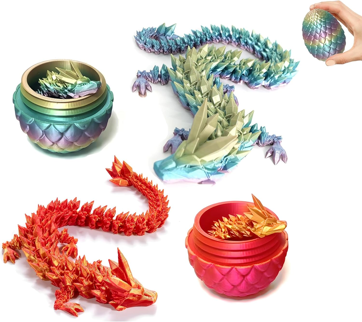3D Printed Crystal Dragon Fidget Toy for Adults - Articulated Posable Surprise in Egg - Gifts for Home Office Desk Decor (Colorful)