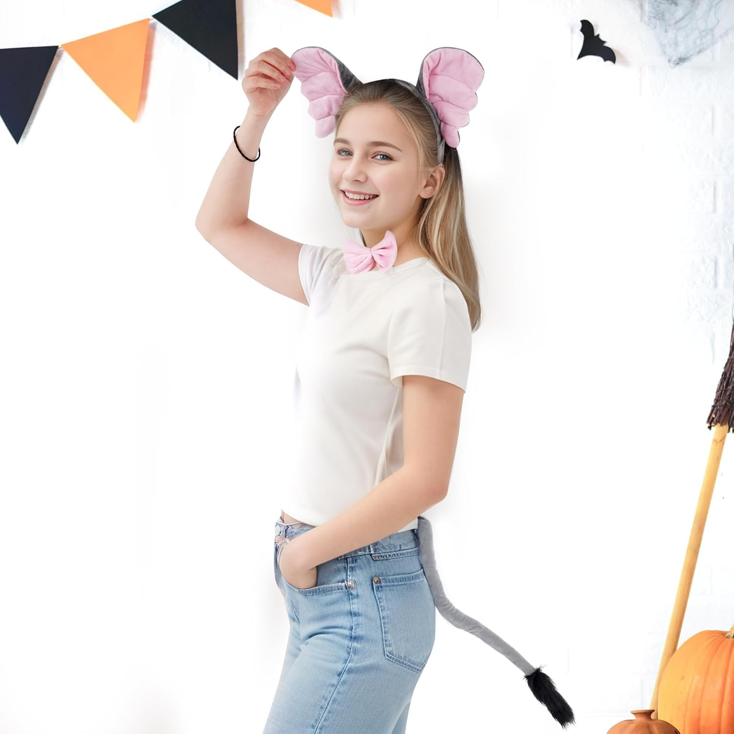 OJIOUI 4Pcs Elephant Costume Set Elephant Ears Headband and Tail Bow Tie Animal Costume Accessories for Halloween Cosplay Party Dress Up image number 3