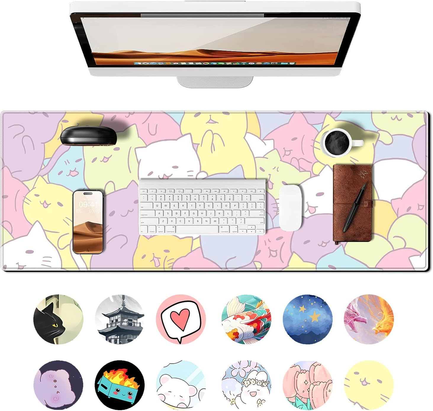 Anime Cute Cat Gaming Mouse Pad Colorful Large Desk Mat, 31.5X11.8 Inch Mousepad Extended Non-Slip Rubber Base Keyboard Mat with Stitched Edges for Desk Home Office - Black Cat3 image number 7