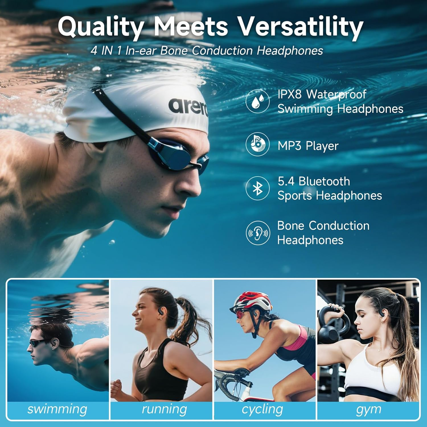 LOBKIN Waterproof Earbuds for Swimming, Bone Conduction Headphones IPX8 Swimming Headphones 8GB Memory Bluetooth 5.4 Wireless 8H Playtime in Ear Underwater Sport Earphones for Swimming, Running image number 3