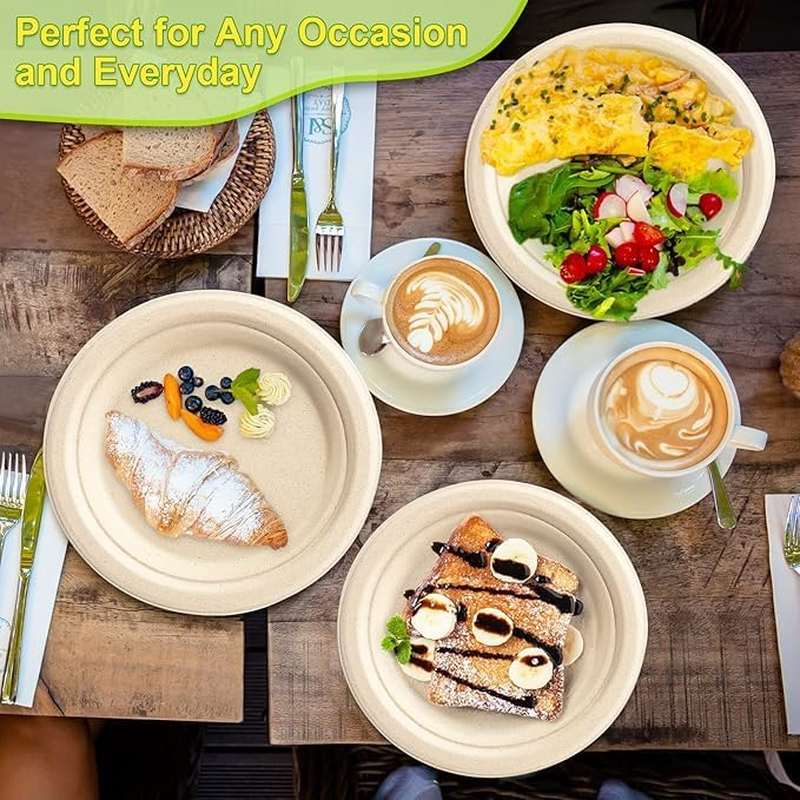 150 Pack Compostable Disposable Paper Plates 7 Inch Super Strong 100% Bagasse Natural Biodegradable Eco-Friendly Sugarcane Plates(Nature) image number 5