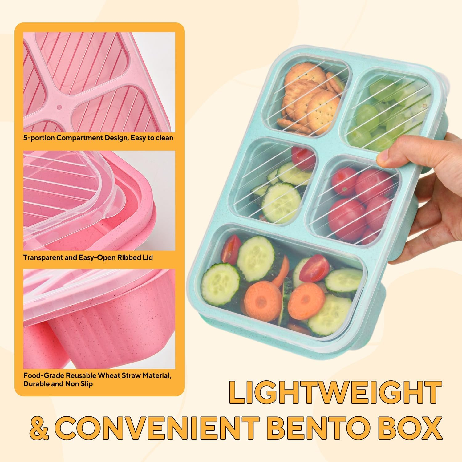 4 Pack Bento Snack Box, 5 Compartment Lunchable Snack Containers, Stackable Bento Lunch Boxes for Kids & Adults, Reusable Wheat Straw Meal Prep Lunch Containers for School，Work and Travel image number 2