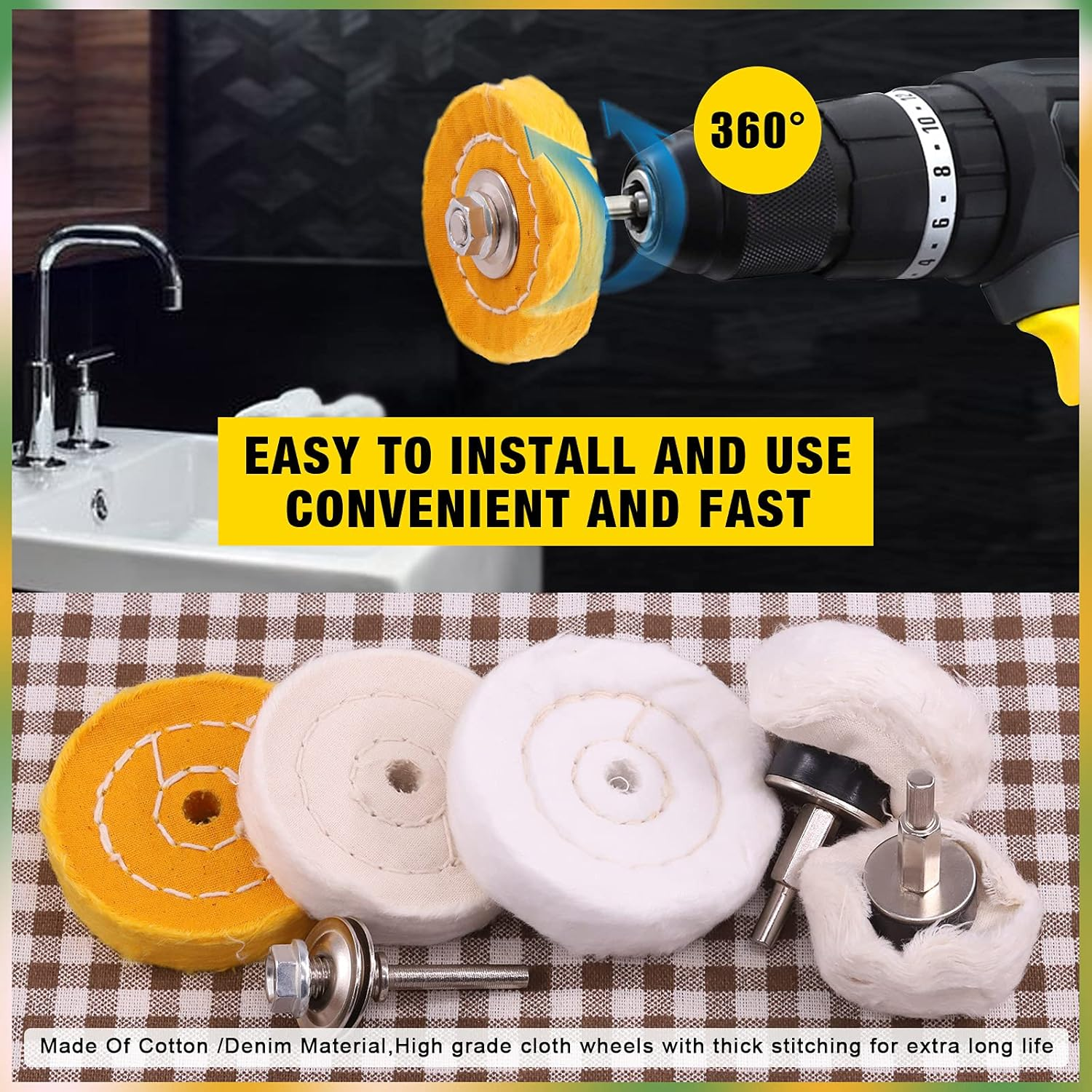 Mardatt 8 Pcs 3'' Buffing Polishing Wheels Set Including Yellow (36 Ply)/White(50 Ply)/ Flannel(30 Ply)/Mushroom Shaped Wheel with 3/8" Arbor Hole, Polish Compound and 1/4&rsquo;&rsquo; Mandrel for Drill image number 2