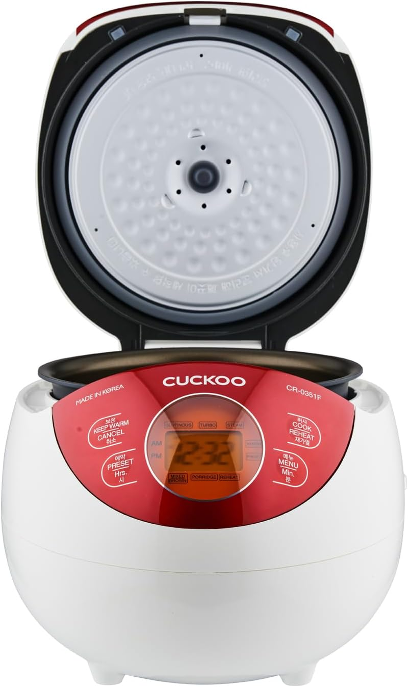 CUCKOO 3-Cup Electric Heating Smart Rice Cooker, Non-Stick Inner Pot, Reheat, Keep Warm, Turbo Cooking (CR-0351F) Red