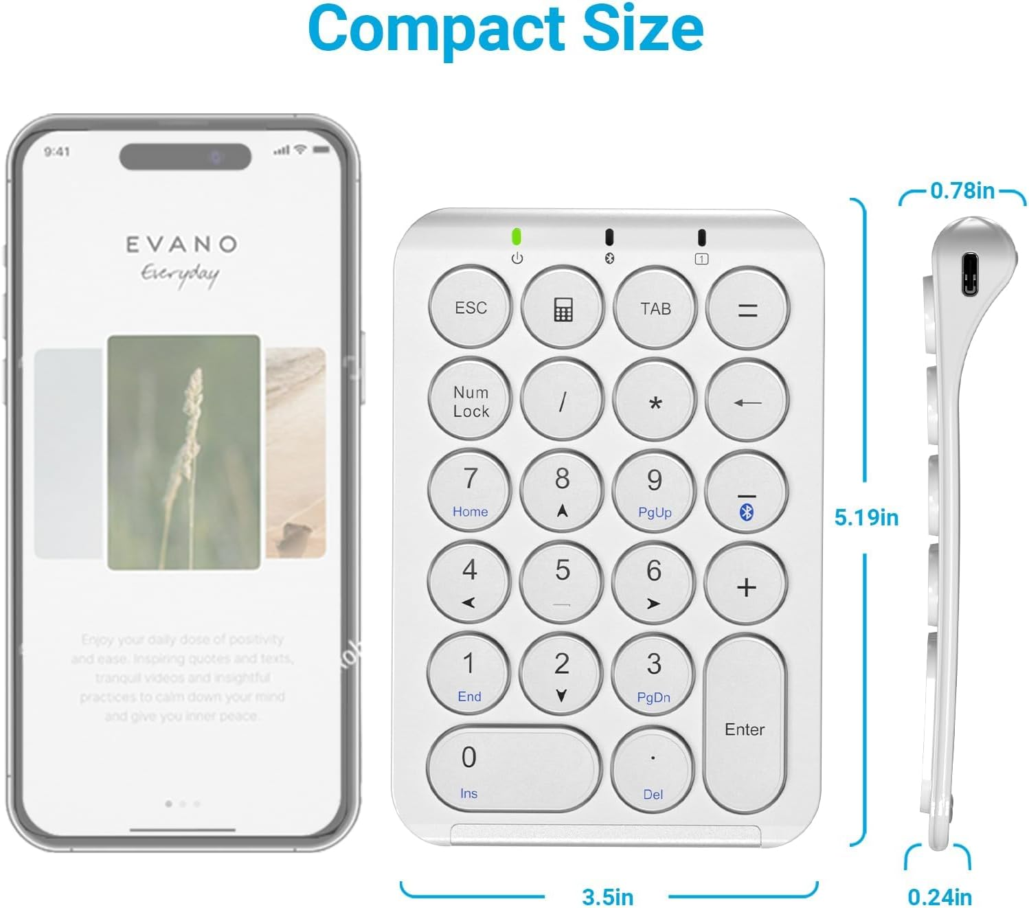 Iclever KP08 Wireless Numeric Keypad, 22 Keys Bluetooth Number Pad Portable Number Keyboard, USB-C Rechargeable, round Key, Financial Accounting, Compatible with Laptop PC Desktop, Mac, Surface,Tablet image number 2