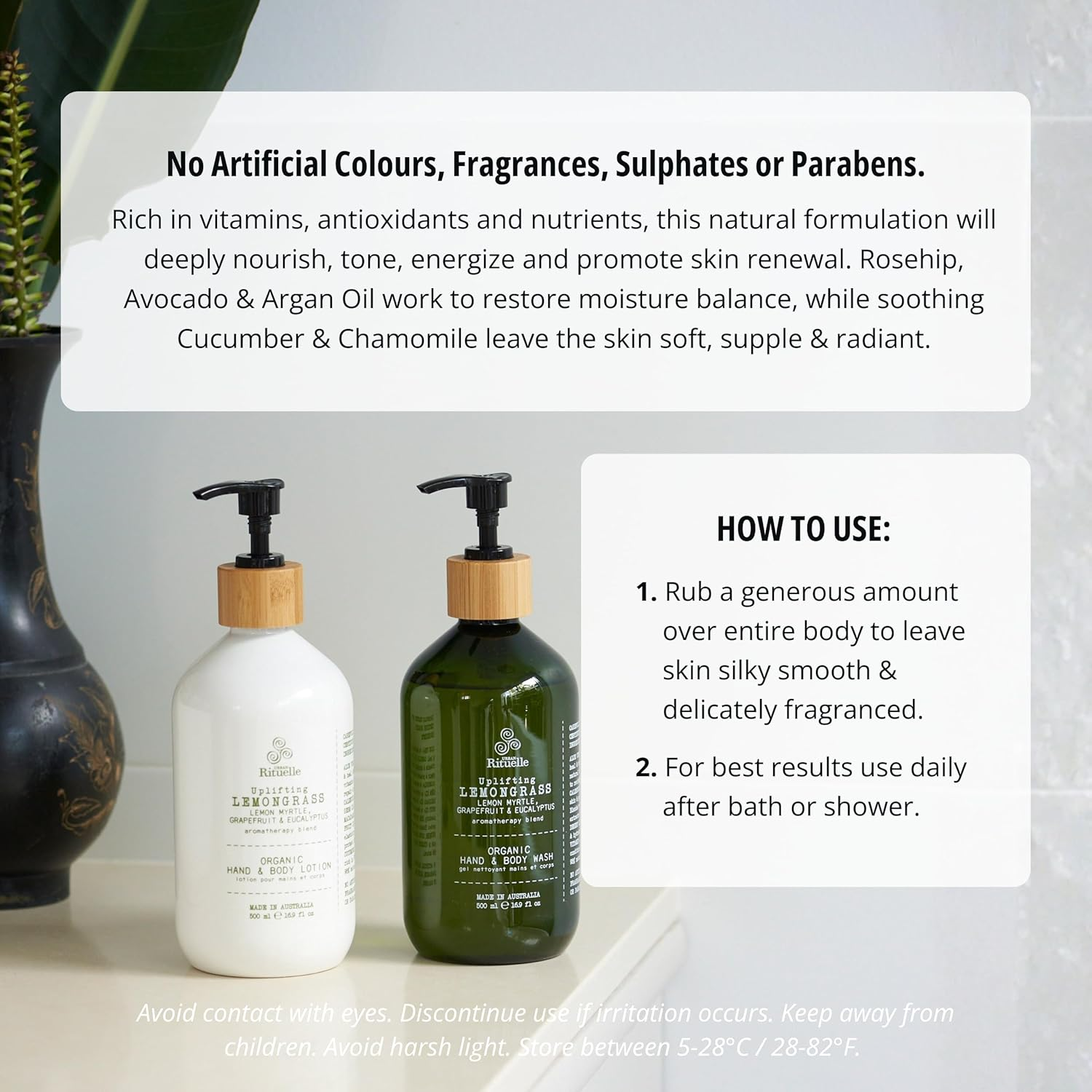 Urban Rituelle Flourish Organics Hand & Body Lotion, 500Ml - Moisturiser with Lemongrass, Lemon Myrtle, Grapefruit & Eucalyptus, Enriched with Aloe Vera, Camellia & Shea Butter, Hydrates, Repairs Skin image number 4