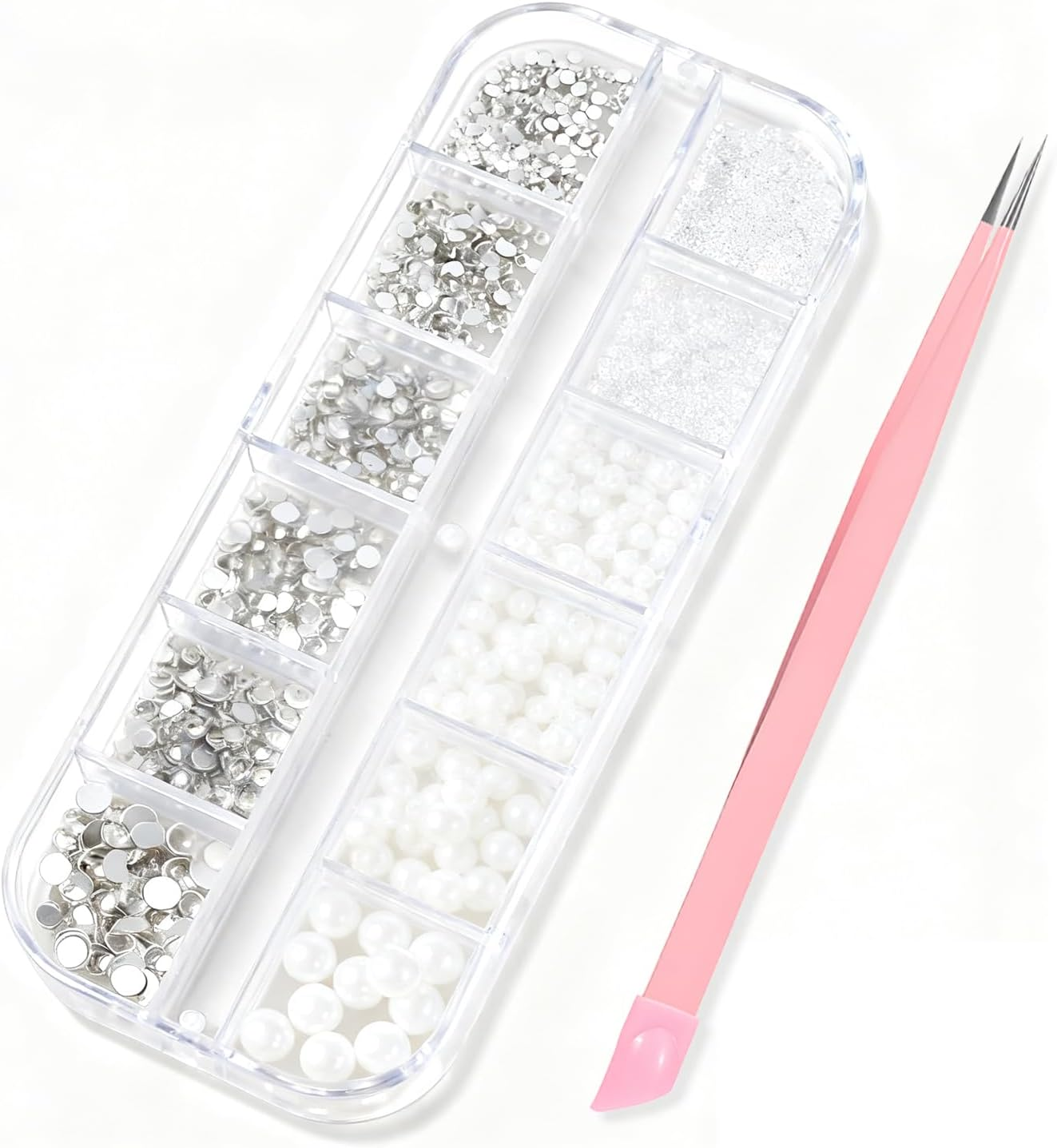 WALWAL 12 Compartments Nail Art Decoration Kit Pearls Steel Balls DIY Manicure Accessories with Dual End Tweezers(Pearl)