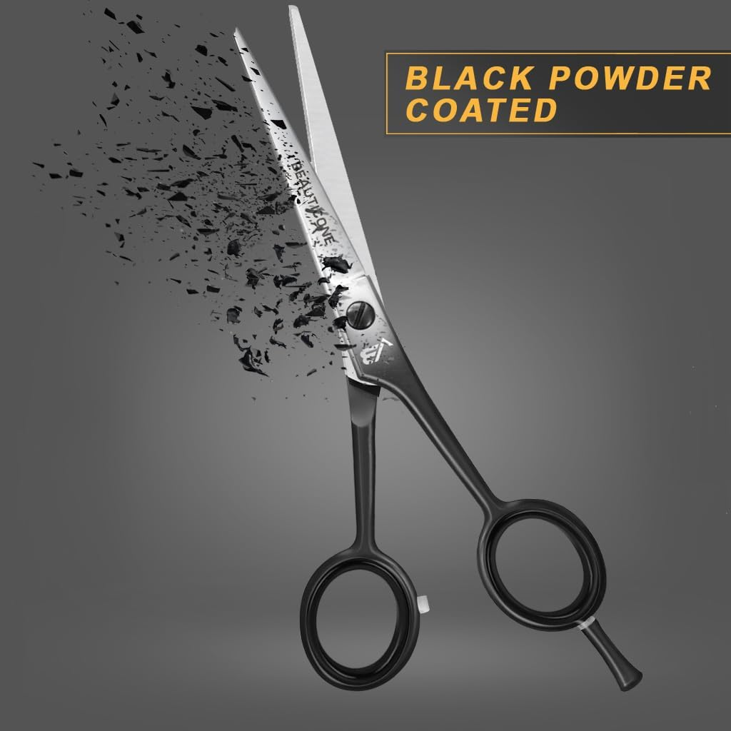 BEAUTICONE &reg; Hair Cutting Scissors - High Carbon SS 6.5" Professional Barber-Grade Salon Shears with Serrated & Razor Edge - Black Premium Gift Box with Leather Pouch & Extra Accs - Ultra Lightweight image number 1