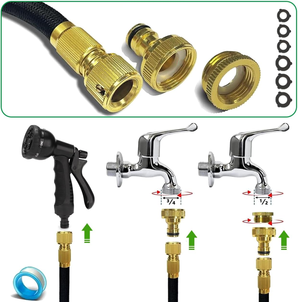 75Ft Garden Hose 22.5M Water Hose, with 8 Function Spray Nozzle, 1/2 Inch & 3/4 Inch Convertible Connectors, 22.5M Stretch Garden Hose Ideal for Car Wash & Garden image number 2