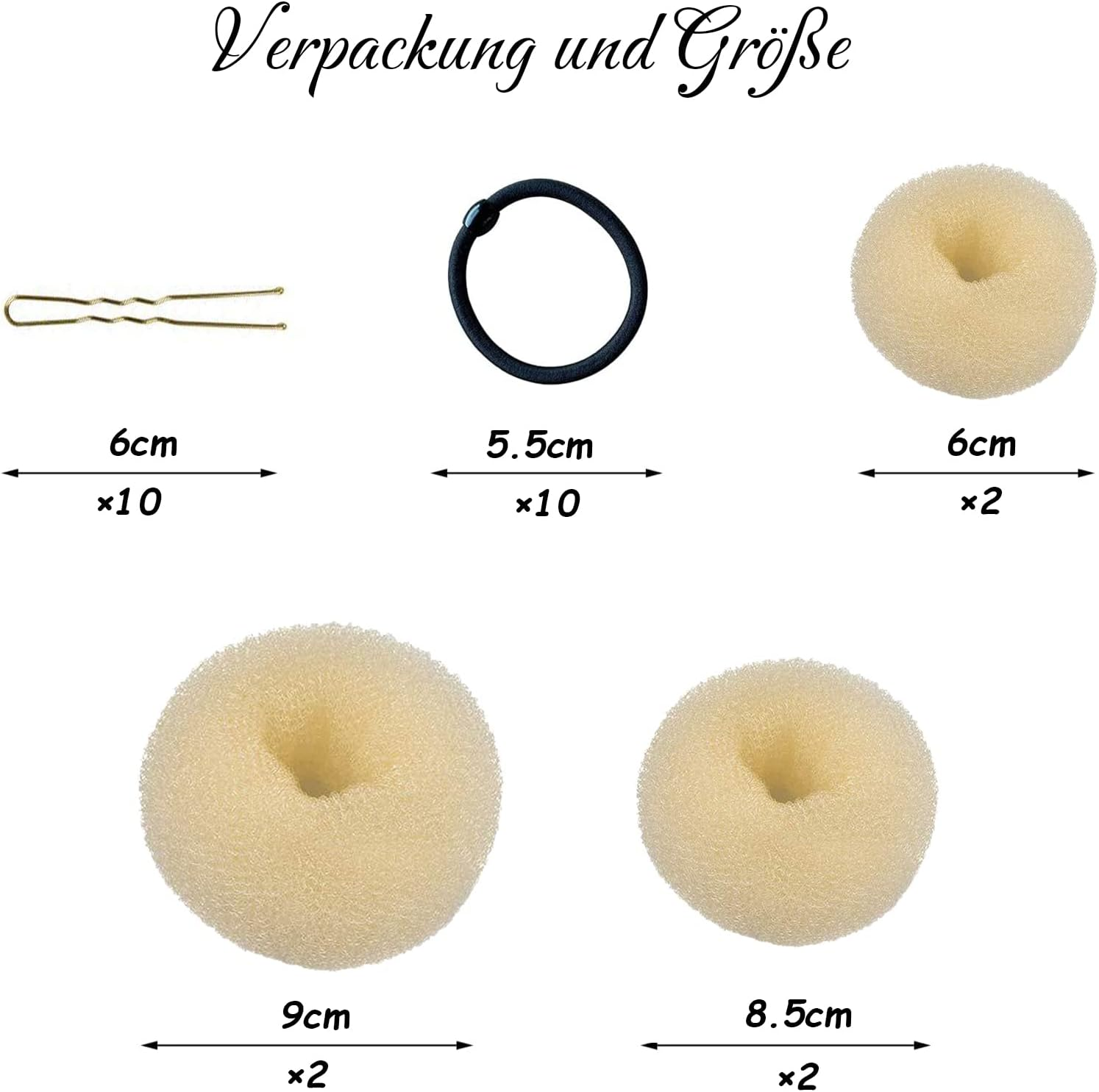 Pack of 6 Bun Cushions, Doughnut Hair Bun Maker Set with 10 Elastic Hair Bands and 10 U-Shaped Hair Pins, VEGCOO Bun Pillow Small and Large Nylon Hair Donut Brown Bun Aid for Children Women Girls (White) - White image number 6