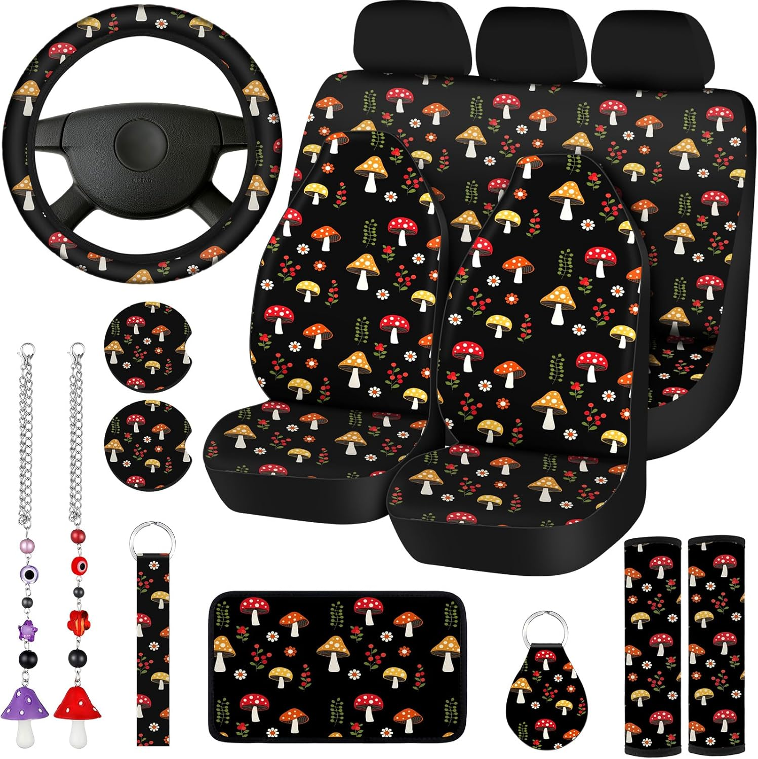 Riakrum 17 Pcs Mushroom Car Seat Covers Mushroom Car Accessories Full Set for Women Men Automotive Rear Front Seat Protector View Mirror Hanging Ornament Steering Wheel Belt (Cute Retro Mushroom) image number 1
