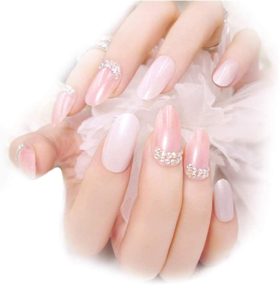 24 Pcs False Nails Full Cover Bridal Wedding Nail Rhinestone Pink Salon Sparkle Art Design Glitter for Women Girls