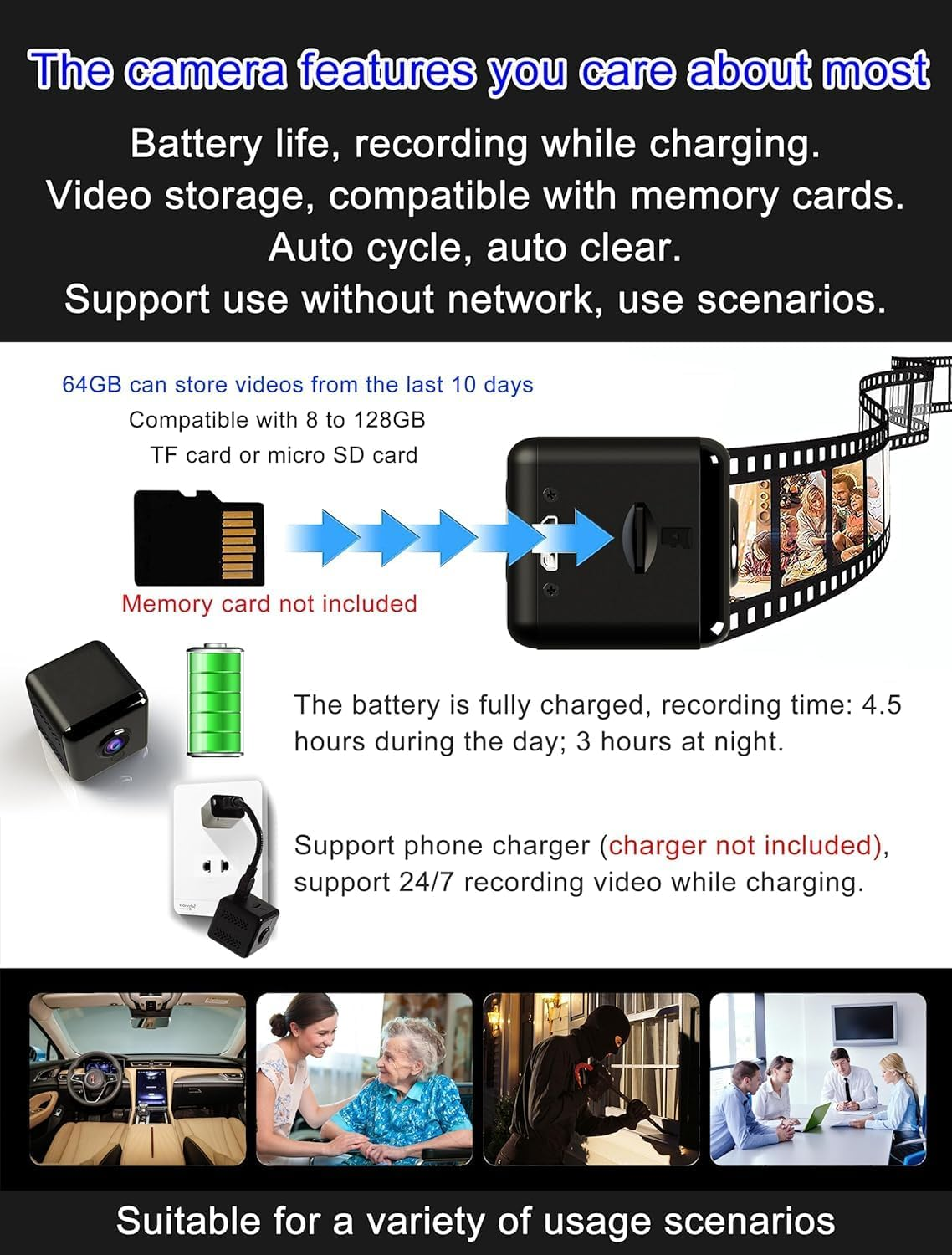 Wireless IP Camera with Built-In Battery, Small Nanny Camera, Night Vision Camera, 4.5 Hours of Continuous Recording, Long Term Charging Supported. Smallest Home Surveillance Nanny Camera image number 5