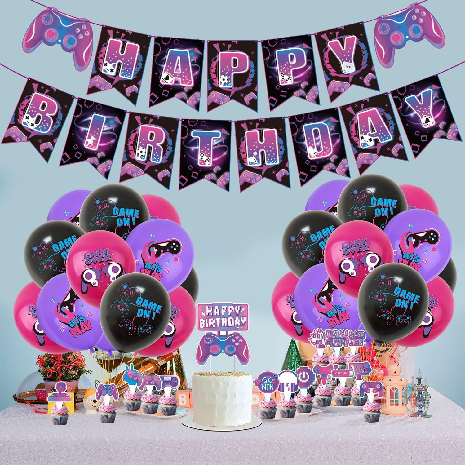 37Pcs Video Game Party Decoration Set, Video Game Themed Birthday Party Decorations, Includes Banner Balloons Cake Toppers