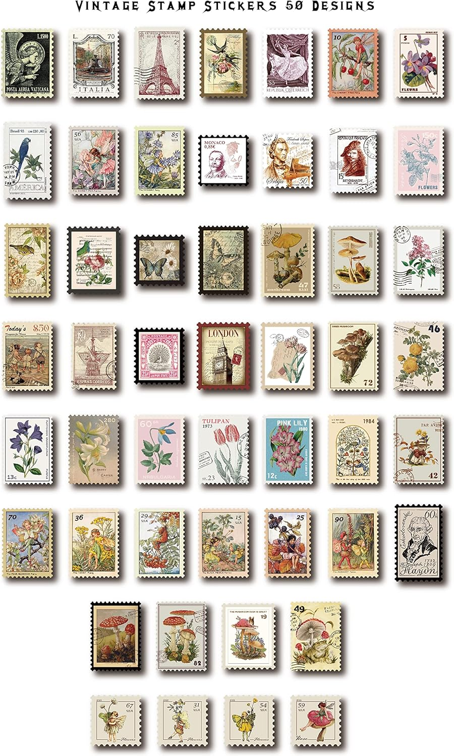 Vintage Postage Stamp Stickers for Scrapbook, 100 Pcs Deco Paper Stickers, Botanical Fairy Sticker for Bullet Journal, Junk Journal, DIY Crafts, Collage Album (Stamp-Like) image number 4