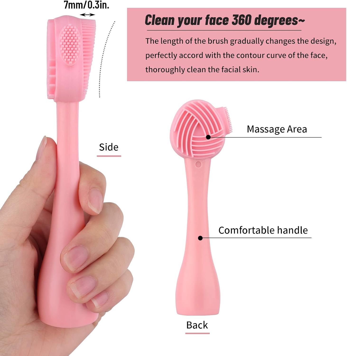 Beomeen Silicone Facial Cleansing Brush 3 Designs, 4 in 1 Handheld Face Scrubber for Deep Gentle Exfoliating, Double-Ended Face Wash Scrub Brush for Face Skincare and Massage (Pink) image number 1
