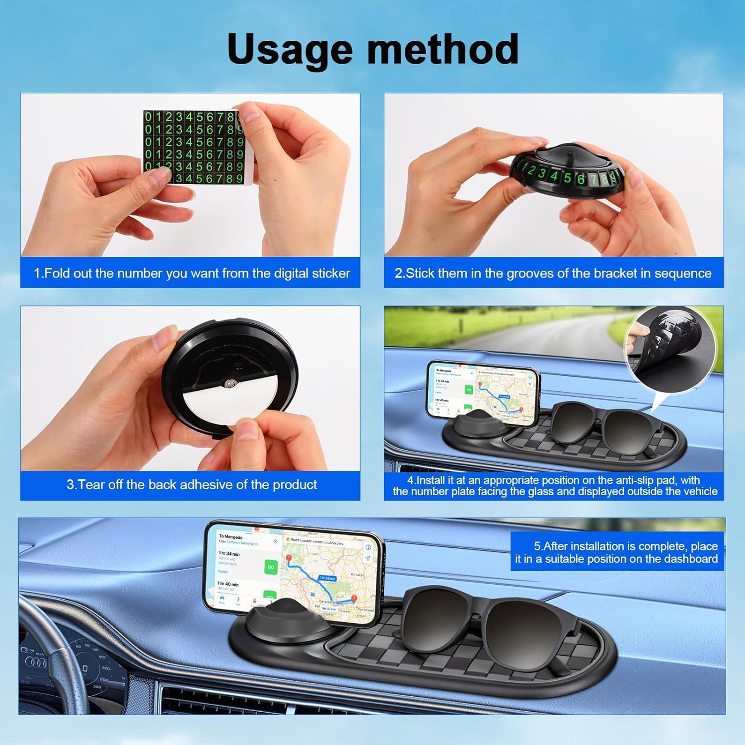 4-In-1 Multifunction Car Anti-Slip Mat with 360&deg; Rotatable Phone Holder, Hidden Parking Number, Dashboard Pad for Sunglasses, Keys, Coins, Gadgets