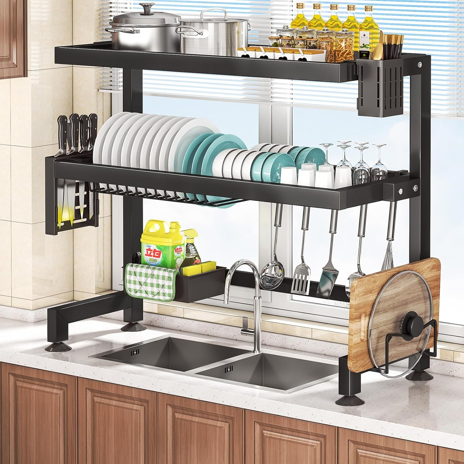 Over the Sink Dish Drying Rack, 2 Tier Large Capacity over Sink Dish Rack, Metal over the Sink Dish Drainer Drying Rack, Multi-Functional over Sink Dish Rack Display for Kitchen Counter image number 3