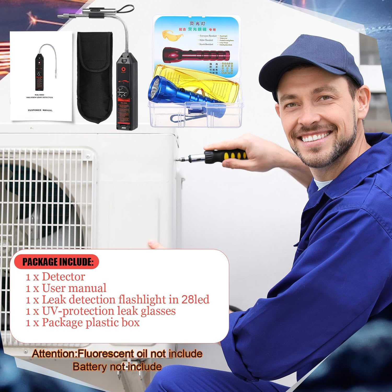 Glooglitter Auto Air Conditioner Leak Detector Tool WJL-6000 Refrigerant Leak Detector with UV Flashlight and Yellow UV Protective Glasses for HVAC Air Conditioner R22 R410A R134A (Large 28 LED) image number 6