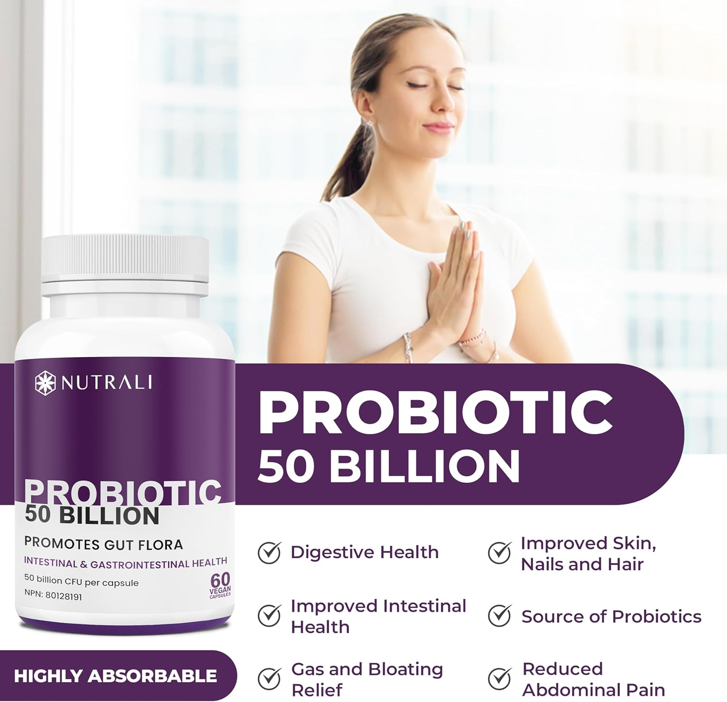 50 BILLION Daily Probiotic for Men & Women, 15 Strains Active Culture. Relieves Bloating and Constipation, Improved Digestion and Gut Health Supplement, Non-Gmo, Vegan, Gluten Free. 60 Powerful Easy to Swallow Capsules. image number 6
