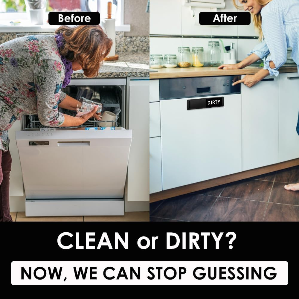 Dishwasher Magnet Clean Dirty Sign, Clean Dirty Sign Accessories for Dishwasher Non-Scratch/Super Strong Soft Magnet with Optional Adhesives/Easy to Read & Slide (Black& White) - Black  Green image number 2
