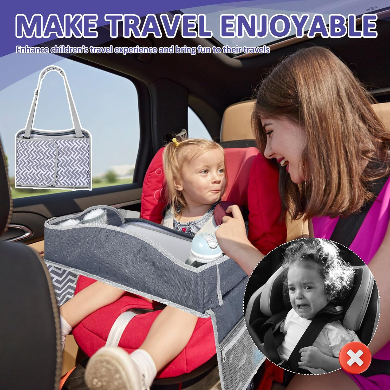 Kids Travel Tray for Toddler Car Seat, Enduring Car Seat Tray, Easy to Install Seat Table Tray with Adjustable Strap for Road Trip Activities